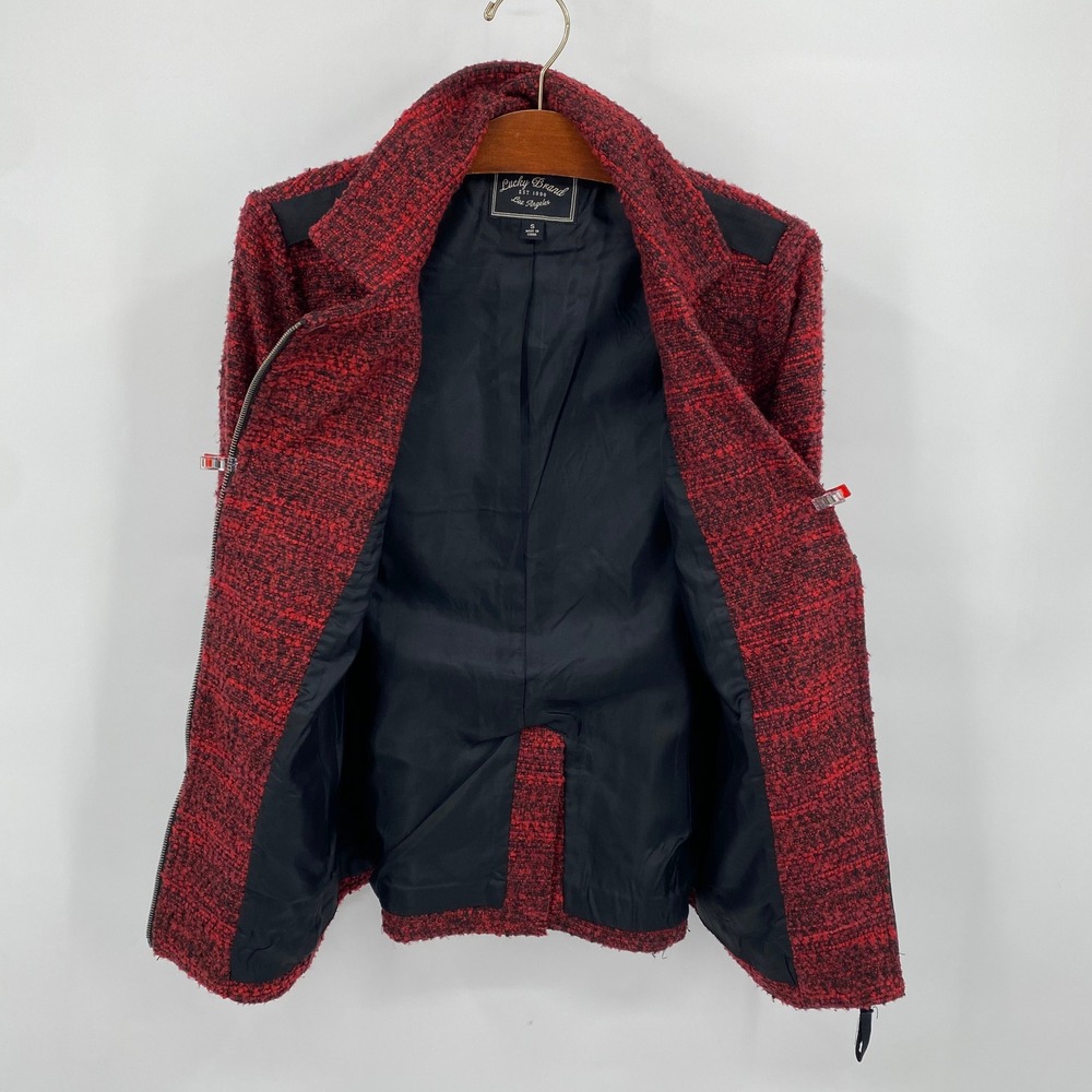 Lucky Brand Women's Size Small Tweed Moto Jacket Red‎ Black Blazer - Picture 2 of 10